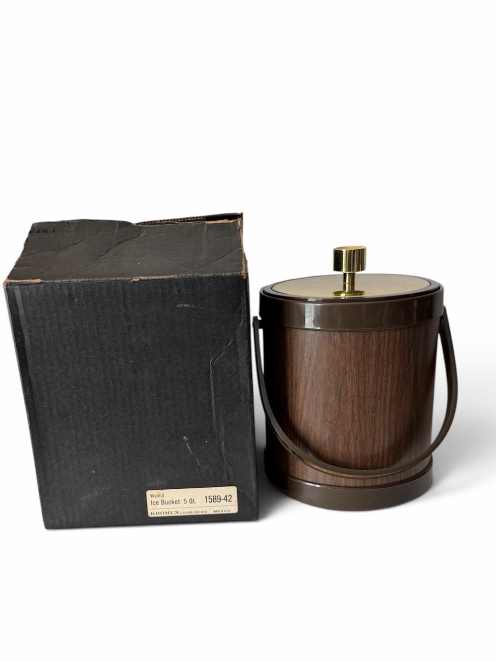 Vtg MCM Kromex Walnut Ice Bucket with Handle & Lid